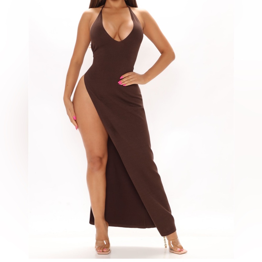 Brown high slit dress